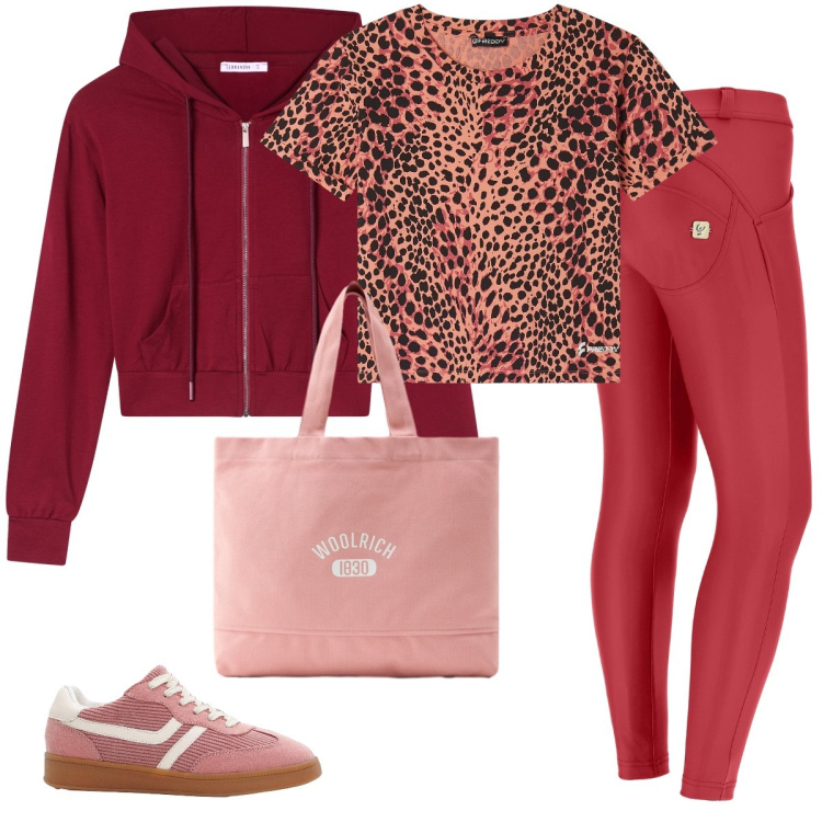 Outfit donna - Total look #2288801. Stile Sporty chic per Sport. Abbinamento con sneakers, felpe con cappuccio, pantaloni skinny, t-shirt, borse tote.