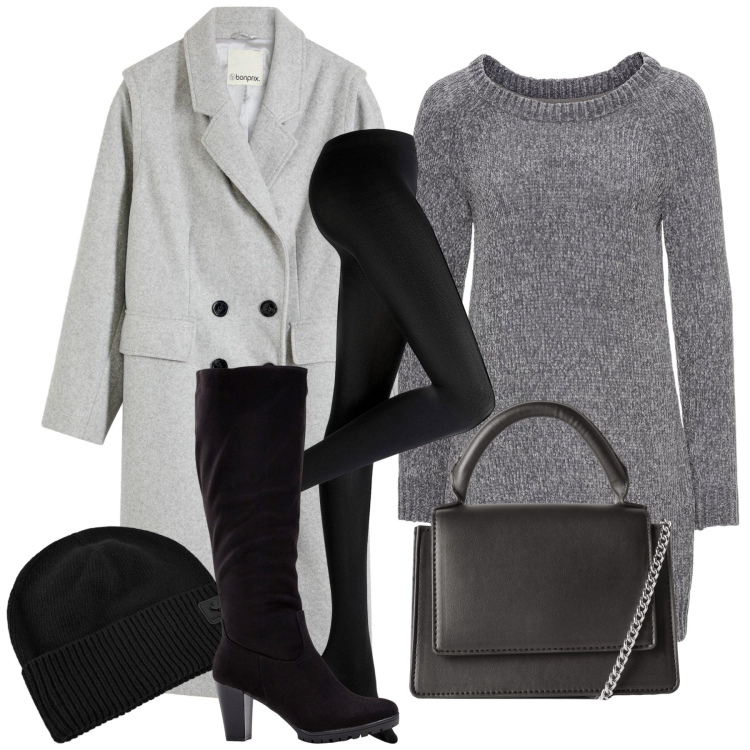 Outfit donna - Pull abito sinuosa. Stile Bon Ton per Tutti i giorni. Abbinamento con stivali, collant, vestiti, cappotti, borse a tracolla, berretti.