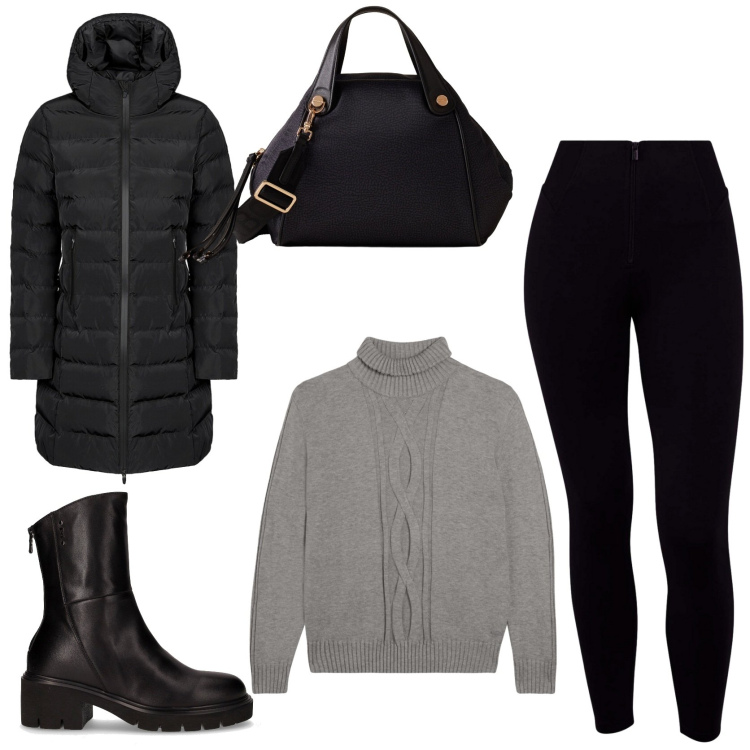 Outfit donna - Sporty chic sotto la pioggia. Stile Sporty chic per Tutti i giorni. Abbinamento con borse a mano, maglieria, pantaloni skinny, piumini, stivaletti.