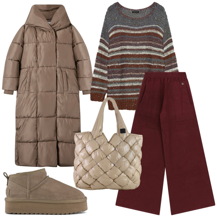 Outfit donna - Total look #2288804. Stile Casual per Tutti i giorni. Abbinamento con pantaloni a palazzo, cappotti, borse tote, stivaletti, maglieria.