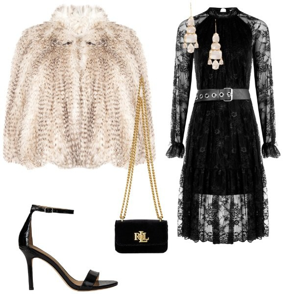 Outfit donna - Femme fatale. Stile Glamour per Cerimonia. Abbinamento con ecopellicce, vestiti corti, sandali in pelle, orecchini, pochette.