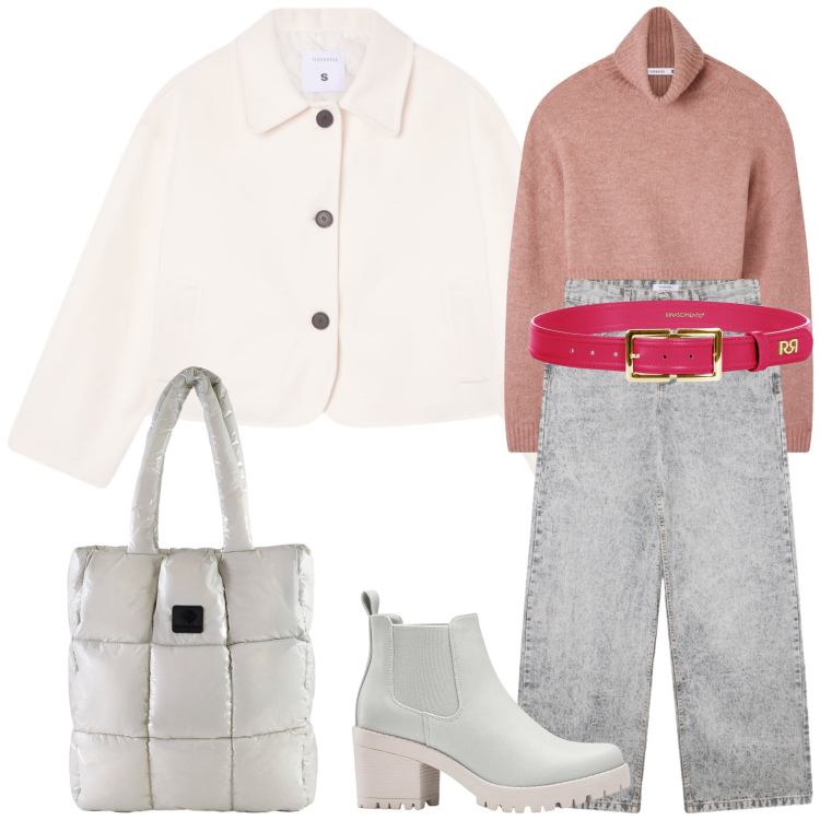 Outfit donna - Total look. Stile Casual chic per Tutti i giorni. Abbinamento con stivaletti chelsea, jeans boyfriend, maglieria, blazer, cinture, shopping bag.