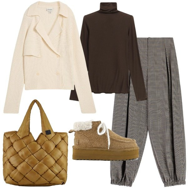 Outfit donna - lunedì. Stile Casual per Tutti i giorni. Abbinamento con cardigans, pantaloni a palazzo, t-shirt, borse tote, stivali.