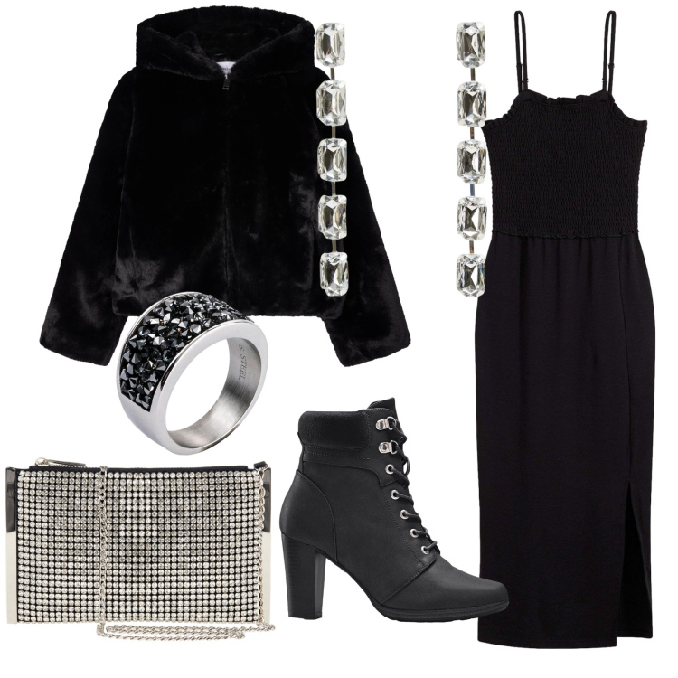 Outfit donna - Diamonds are girls’ s best friends. Stile Glamour per Serata fuori. Abbinamento con stivaletti, vestiti midi/longuette, anelli, pochette, ecopellicce, orecchini.