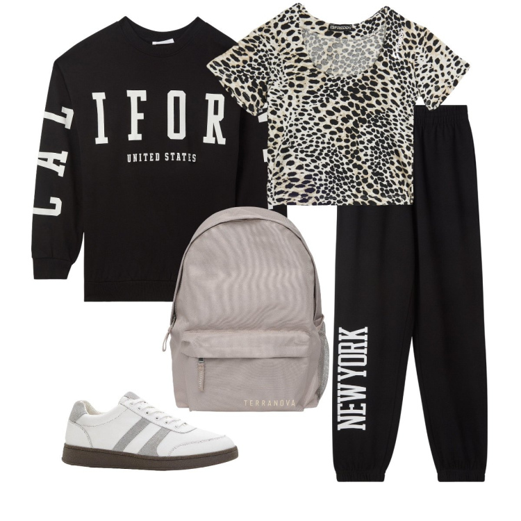 Outfit donna - Total look #2288810. Stile Sporty chic per Tutti i giorni. Abbinamento con sneakers, zaini, pantaloni, felpe, t-shirt.