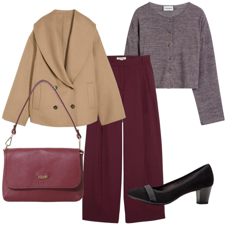 Outfit donna - Col châle. Stile Bon Ton per Tutti i giorni. Abbinamento con pantaloni, blazer, cardigans, décolleté, borse a tracolla.