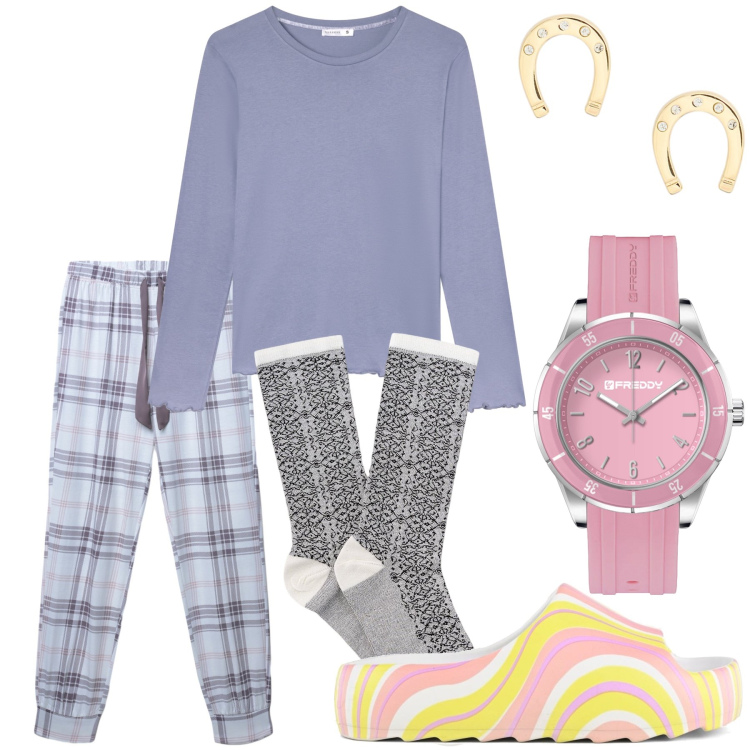 Outfit donna - Sogni d oro o rosa fortunati. Stile Basic per Tutti i giorni. Abbinamento con pigiama, pigiama, orologi, orecchini, ciabatte, calzini.