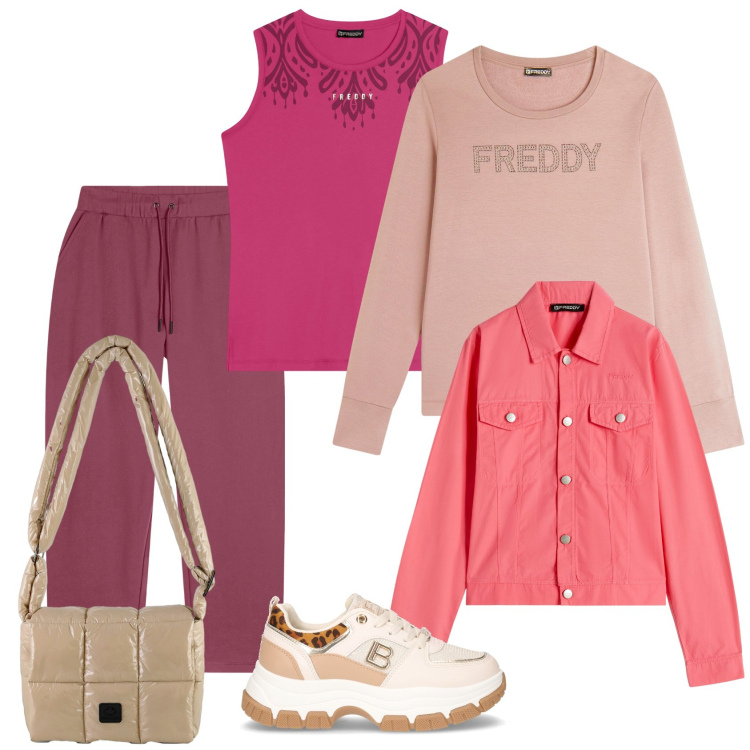 Outfit donna - Total look #2288813. Stile Sporty chic per Tutti i giorni. Abbinamento con blazer, felpe, pantaloni sportivi, top sportivi, borse a spalla, sneakers.