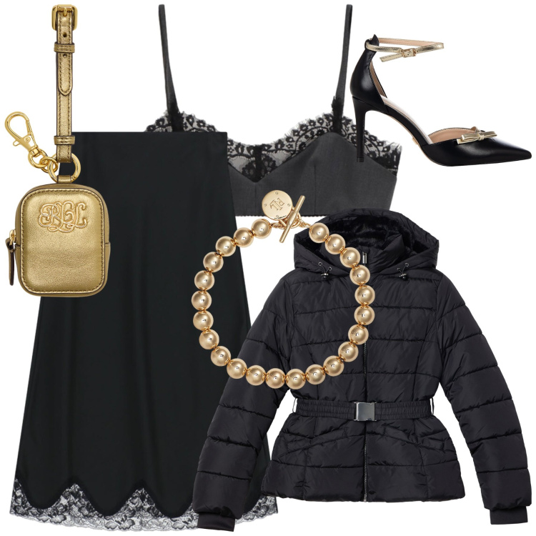 Outfit donna - Seratona. Stile Sexy per Serata fuori. Abbinamento con décolleté, piumini, top, gonne lunghe, braccialetti, pochette.