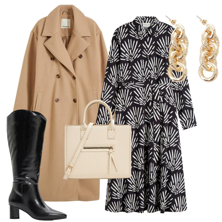 Outfit donna - Chemisier fantasia. Stile Chic per Ufficio. Abbinamento con cappotti, vestiti midi/longuette, stivali, shopping bag, orecchini.