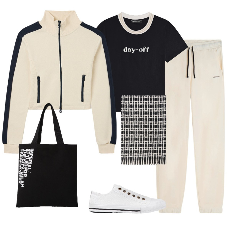 Outfit donna - Total look #2288818. Stile Sporty chic per Sport. Abbinamento con sneakers, felpe, shopping bag, t-shirt, pantaloni, sciarpe.