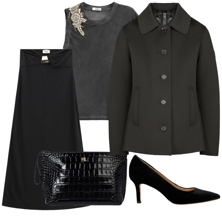 Outfit donna - Invitata a cena da una amica cara. Stile Bon Ton per Serata fuori. Abbinamento con gonne lunghe, t-shirt, décolleté, pochette, caban.