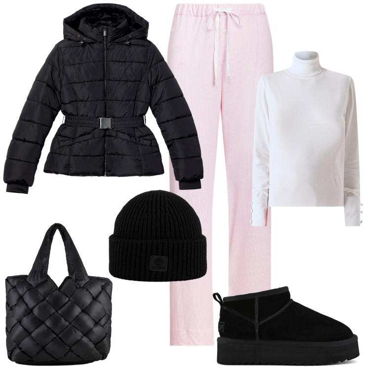 Outfit donna - Comfort chic. Stile Casual chic per Tutti i giorni. Abbinamento con maglieria, piumini, pantaloni, borse tote, berretti, stivaletti.