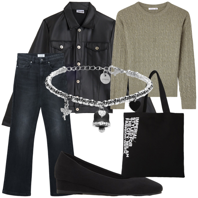 Outfit donna - Novembre. Stile Casual chic per Tutti i giorni. Abbinamento con décolleté, jeans bootcut, maglieria, shopping bag, giacche, braccialetti.