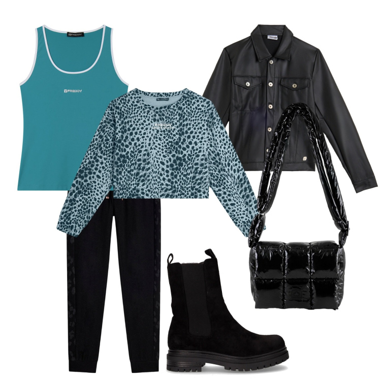 Outfit donna - Total look #2288823. Stile Sporty chic per Tutti i giorni. Abbinamento con pantaloni, felpe, canottiere, giacche, borse a spalla, stivaletti chelsea.