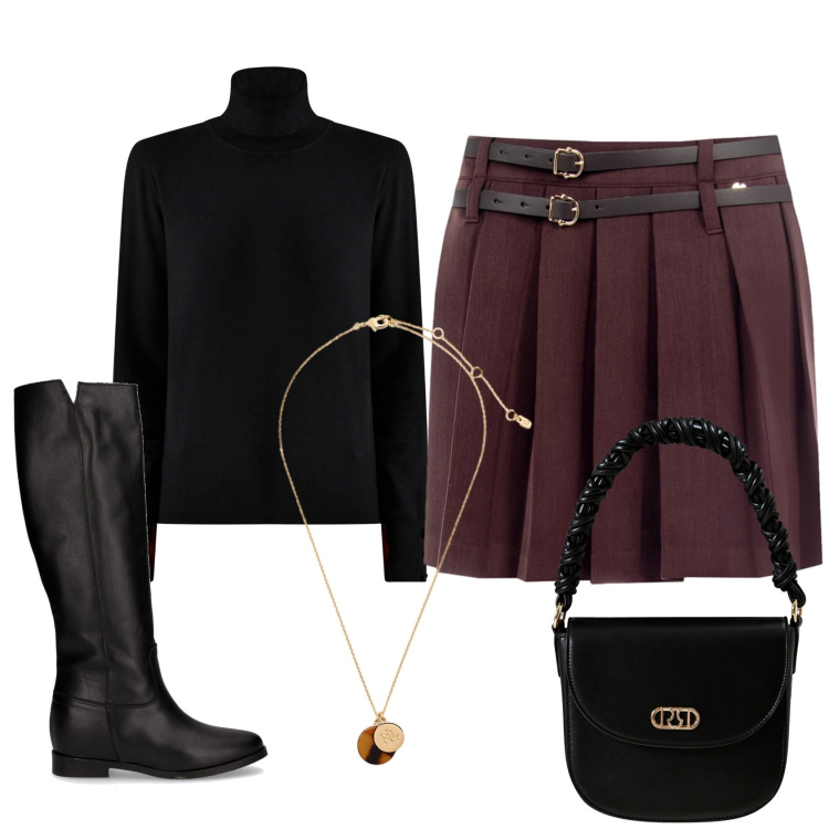 Outfit donna - Autunno casual chic. Stile Casual chic per Tutti i giorni. Abbinamento con minigonne, maglieria, borse a mano, collane, stivali.