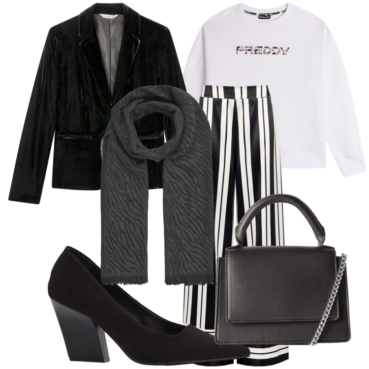 Outfit donna - Novembre in ufficio. Stile Urban per Ufficio. Abbinamento con décolleté, pantaloni a palazzo, sciarpe, blazer, borse a tracolla, felpe con cappuccio.