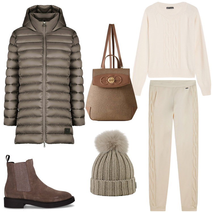 Outfit donna - Street style autunnale. Stile Sporty chic per Tutti i giorni. Abbinamento con zaini, pantaloni, maglieria, berretti, piumini, stivaletti chelsea.