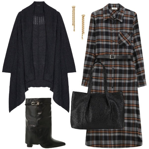 Outfit donna - martedì. Stile Casual per Ufficio. Abbinamento con shopping bag, stivali, vestiti midi/longuette, orecchini, cardigans.