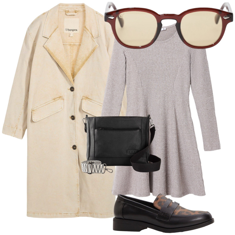 Outfit donna - Pomeriggio di novembre. Stile Urban per Tutti i giorni. Abbinamento con borse a tracolla, trench, mocassini, vestiti corti, occhiali da sole.