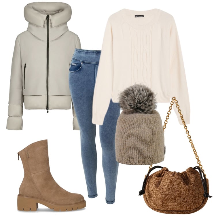 Outfit donna - Total look #2288829. Stile Sporty chic per Tutti i giorni. Abbinamento con borse a spalla, maglieria, jeans skinny, blazer, berretti, stivaletti.