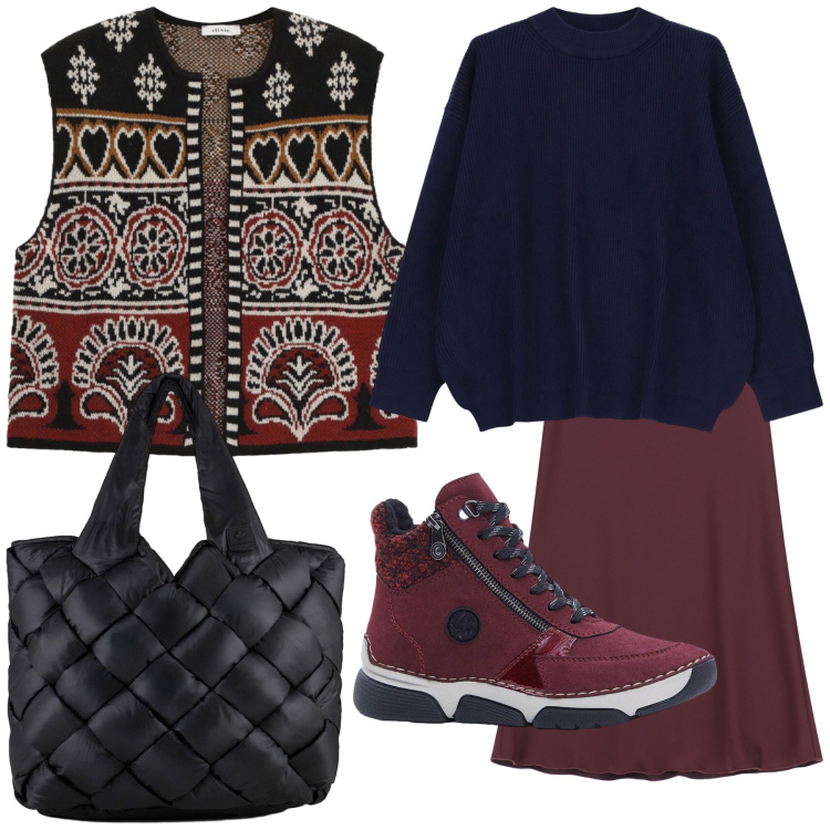 Outfit donna - Etnico novembre. Stile Etnico per Tutti i giorni. Abbinamento con stivaletti, gonne lunghe, maglieria, gilet, borse tote.