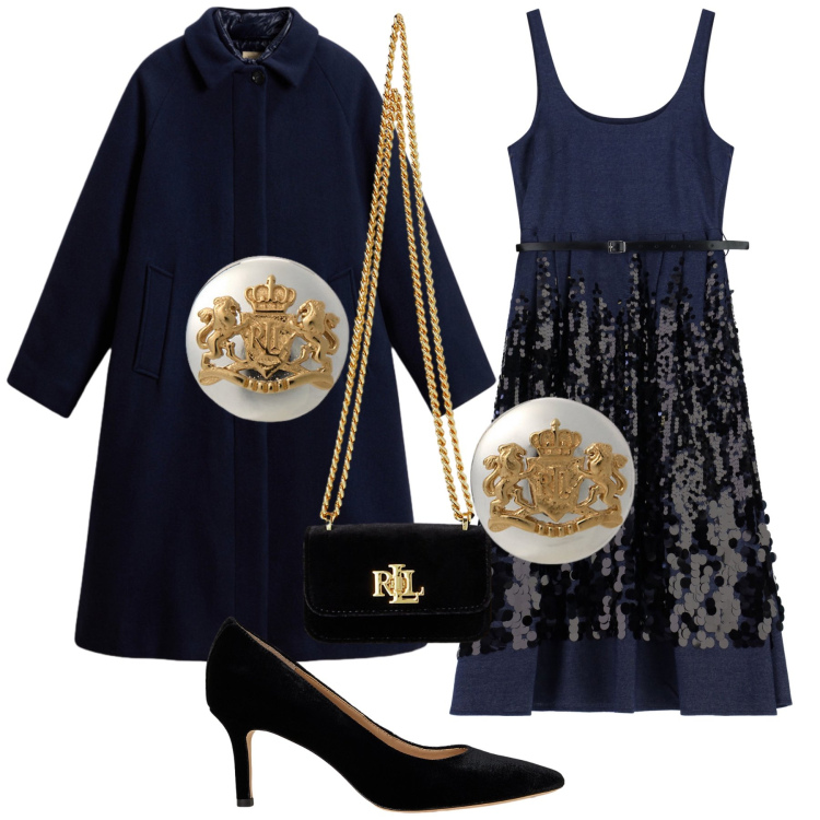 Outfit donna - Elegante novembre. Stile Bon Ton per Serata fuori. Abbinamento con vestiti midi/longuette, orecchini, pochette, décolleté, cappotti.