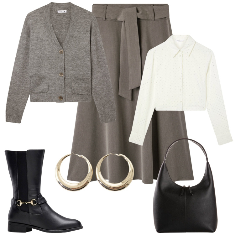 Outfit donna - Il mese del cardigan. Stile Casual chic per Tutti i giorni. Abbinamento con stivali, shopping bag, camicie, gonne lunghe, cardigans, orecchini.