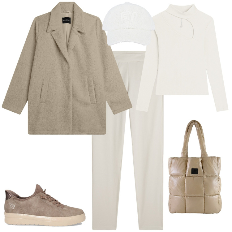 Outfit donna - Total look #2288843. Stile Sporty chic per Tutti i giorni. Abbinamento con pantaloni, cappotti, maglieria, cappelli con visiera, shopping bag, sneakers.