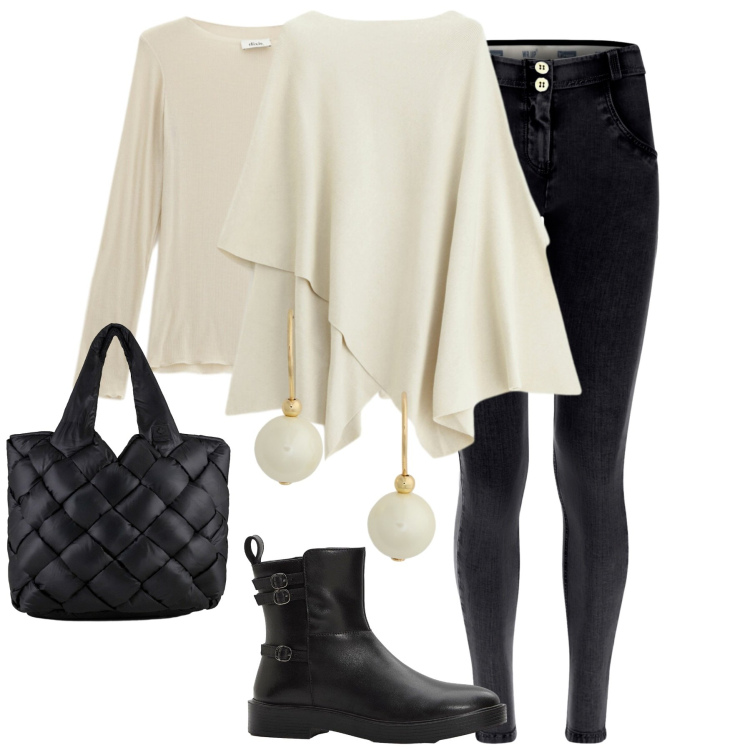 Outfit donna - Cozy vibes. Stile Casual chic per Tutti i giorni. Abbinamento con stivaletti, maglieria, t-shirt, jeans skinny, orecchini, borse tote.