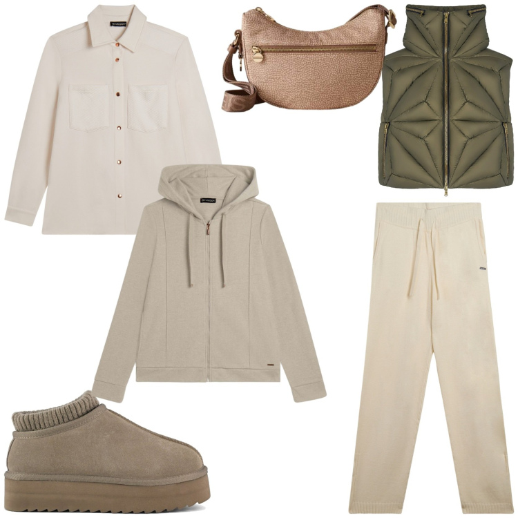 Outfit donna - Cozy day anche se piove. Stile Sporty chic per Tutti i giorni. Abbinamento con borse a tracolla, pantaloni, felpe con cappuccio, camicie, piumini, sabot.