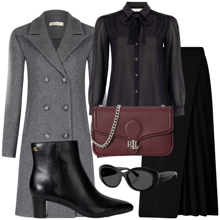 Outfit donna - Eleganza con tre colori classici. Stile Chic per Serata fuori. Abbinamento con cappotti, gonne longuette, camicie, stivaletti, occhiali da sole, clutch.