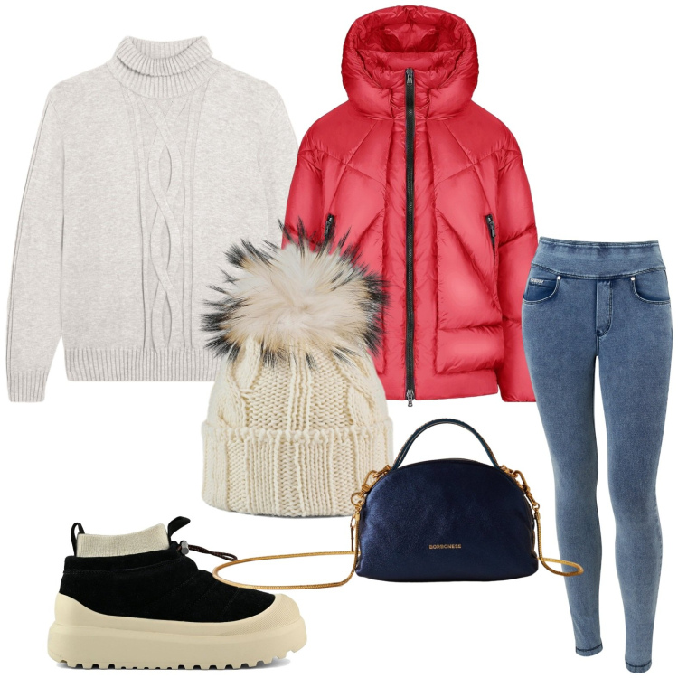 Outfit donna - Sporty-chic autunnale. Stile Minimal per Tutti i giorni. Abbinamento con borse a mano, maglieria, jeans skinny, piumini, berretti, stivaletti.