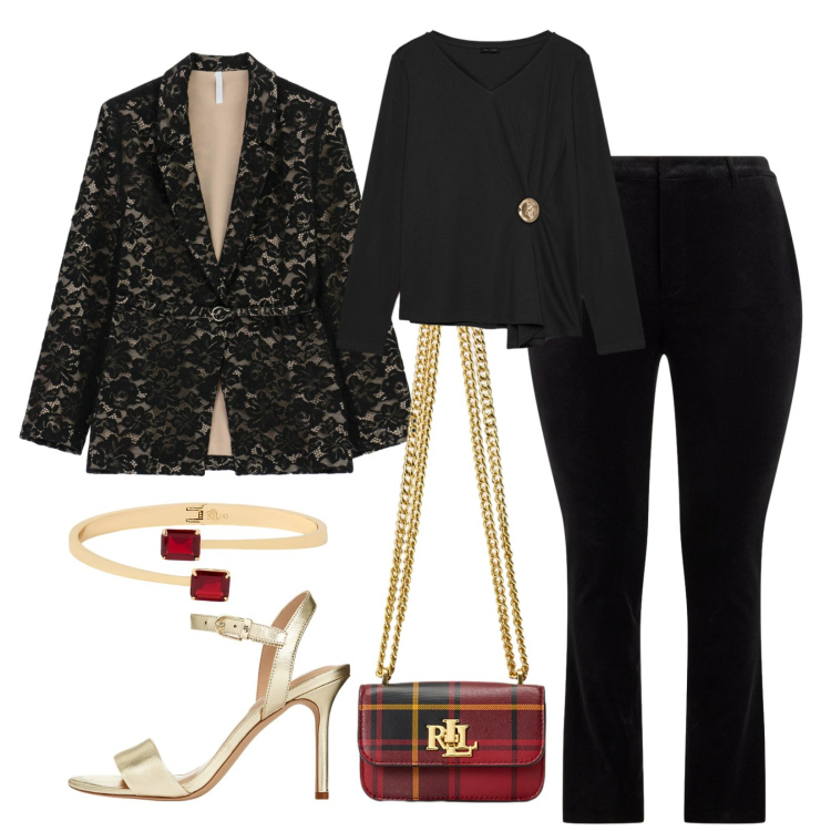 Outfit donna - Deep Black. Stile Glamour per Serata fuori. Abbinamento con blazer, pantaloni, sandali in pelle, braccialetti, pochette, t-shirt.