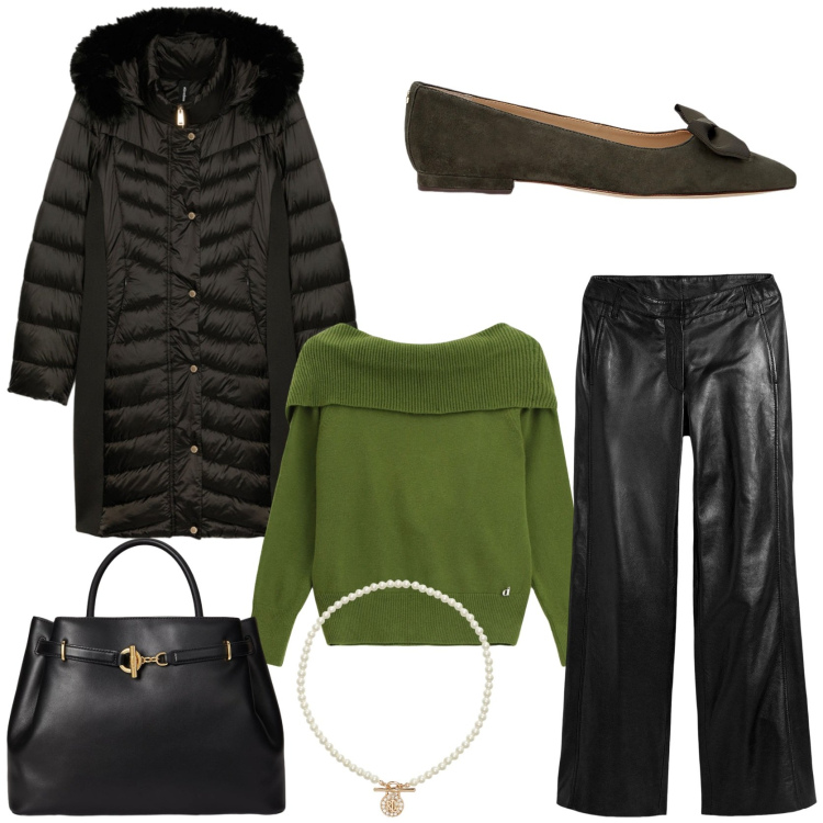 Outfit donna - Un evento speciale. Stile Trendy per Serata fuori. Abbinamento con pantaloni, maglieria, ciondoli, ballerine, borse a mano, maglieria.