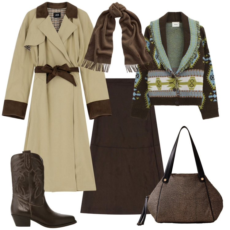 Outfit donna - Trendy ogni giorno in città. Stile Trendy per Tutti i giorni. Abbinamento con shopping bag, cardigans, trench, gonne lunghe, stivali, sciarpe.