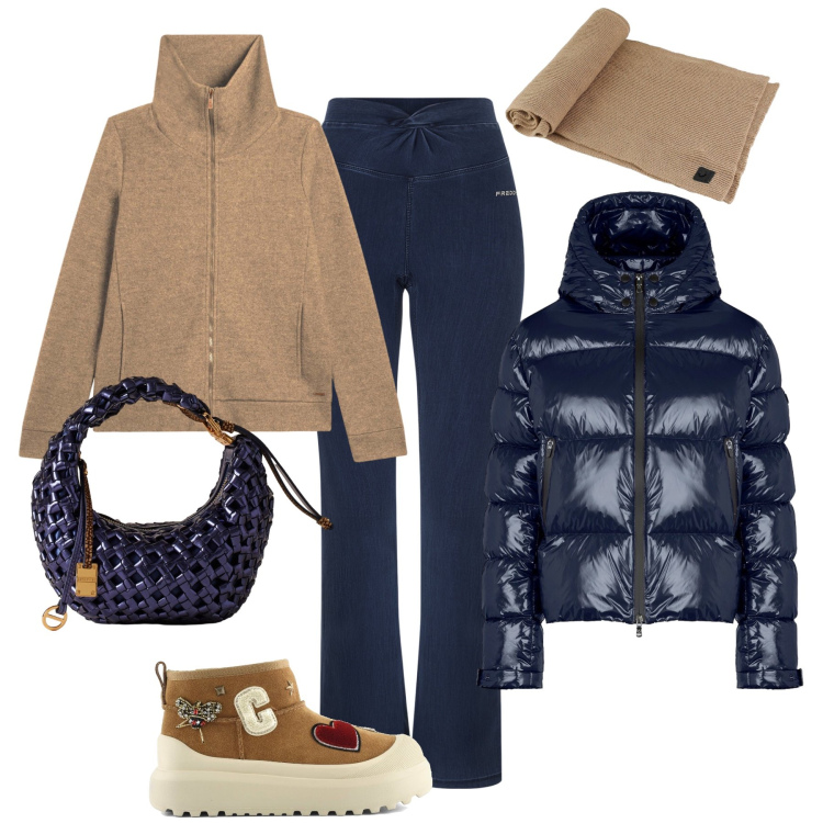 Outfit donna - Blu glossy sporty chic. Stile Sporty chic per Tutti i giorni. Abbinamento con borse a mano, jeggings, felpe, piumini, sciarpe, stivali.