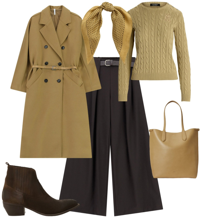 Outfit donna - Trendy ogni giorno in città. Stile Trendy per Tutti i giorni. Abbinamento con cappotti, pantaloni, stivaletti, maglieria, borse tote, foulard.