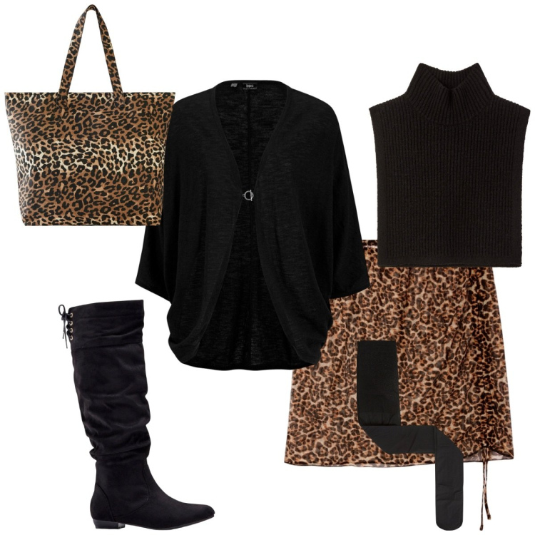 Outfit donna - Minimal and black. Stile Minimal per Tutti i giorni. Abbinamento con cardigans, stivali, shopping bag, minigonne, collant, maglieria.