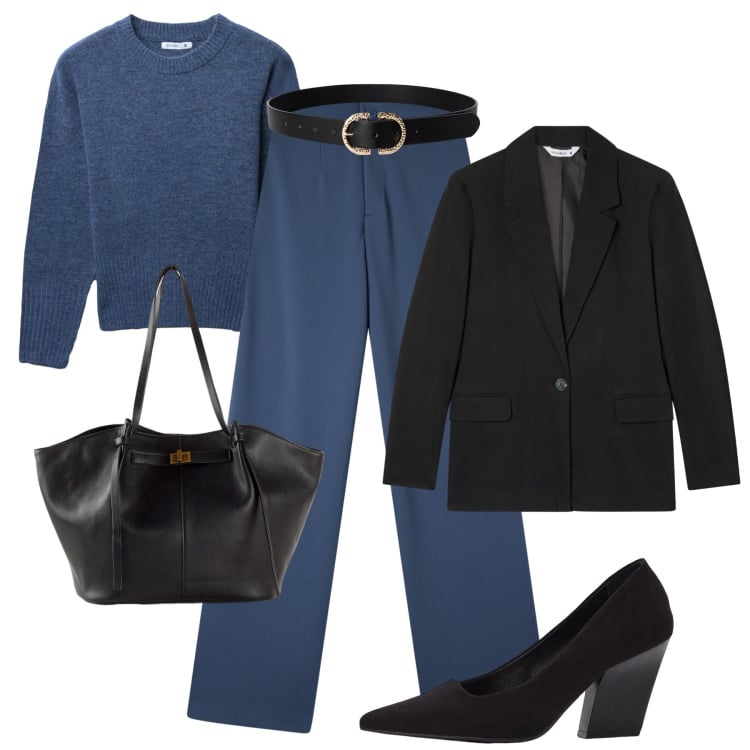 Outfit donna - Blu polvere al lavoro. Stile Casual chic per Ufficio. Abbinamento con décolleté, shopping bag, pantaloni, maglieria, blazer, cinture.