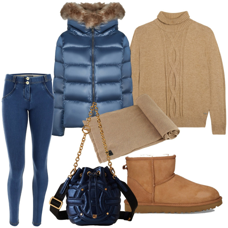 Outfit donna - Sporty-chic autunnale. Stile Sporty chic per Tutti i giorni. Abbinamento con borse a secchiello, jeans skinny, maglieria, piumini, sciarpe, stivaletti chelsea.