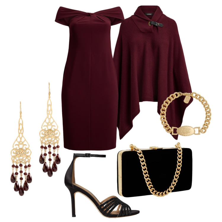 Outfit donna - Elegante curvy e sofisticata!. Stile Glamour per Serata fuori. Abbinamento con clutch, braccialetti, orecchini, sandali gioiello, cappotti, vestiti.