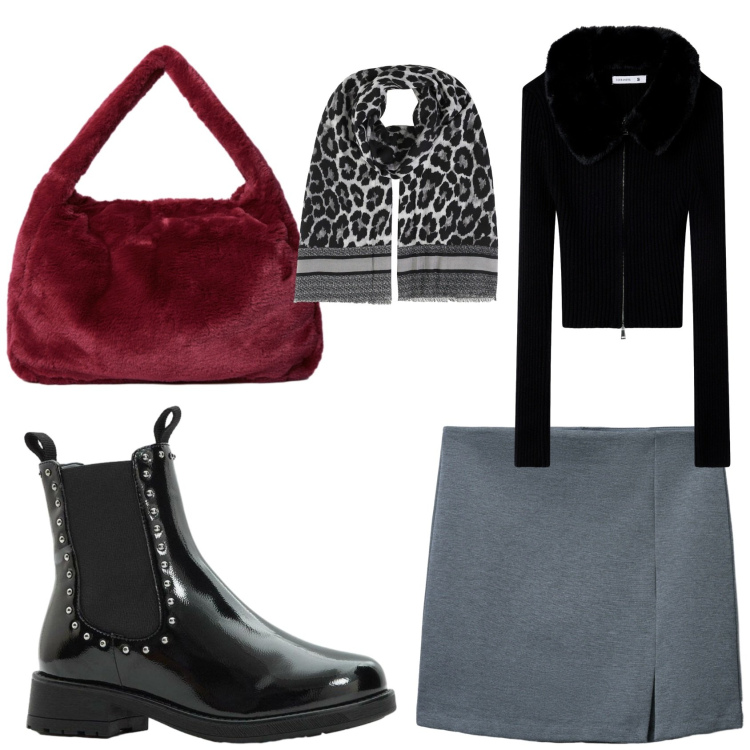 Outfit donna - La borsa di ecopelliccia trendy. Stile Casual chic per Tutti i giorni. Abbinamento con stivaletti chelsea, foulard, cardigans, minigonne, borse a spalla.