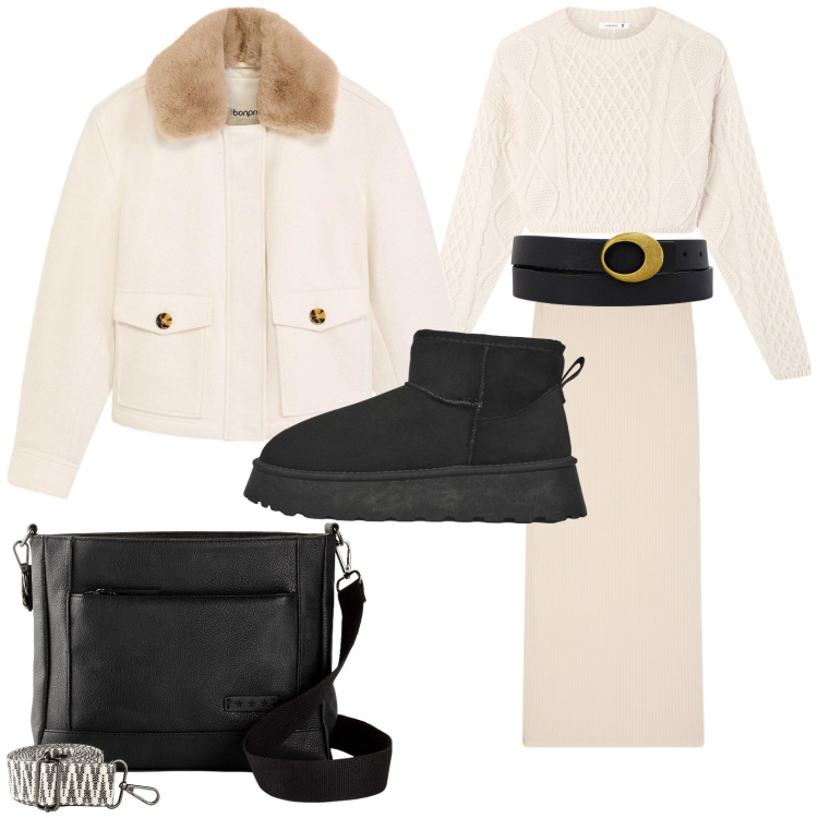 Outfit donna - Giornata in città - Focus Donna Curvy. Stile Casual per Tutti i giorni. Abbinamento con borse a tracolla, piumini, gonne lunghe, stivaletti, maglieria, cinture.