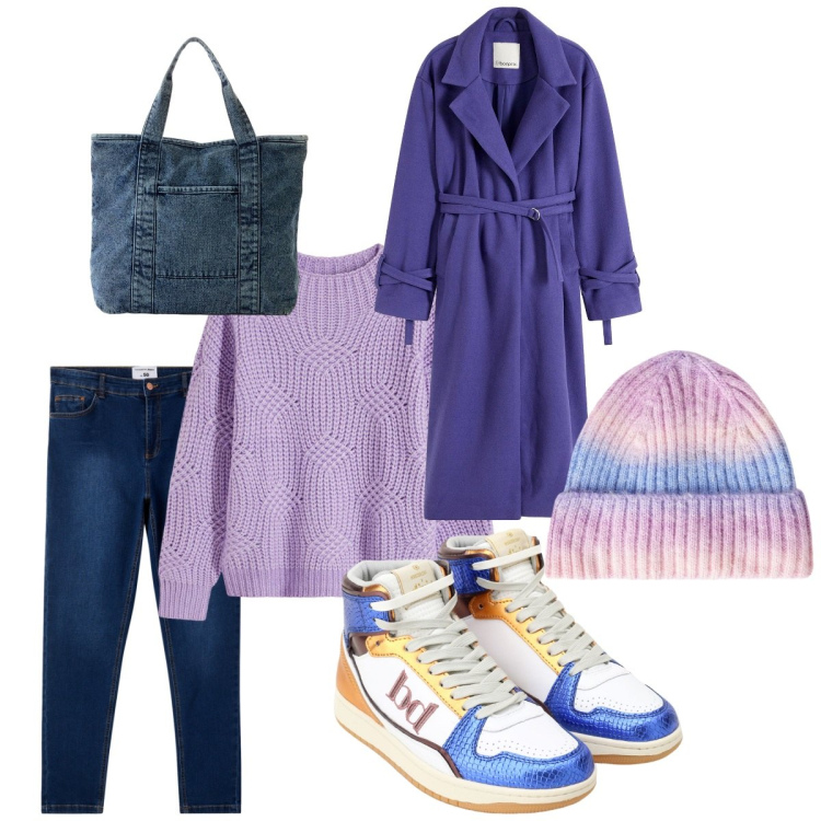 Outfit donna - Purple e Jeans per un look casual perfet. Stile Casual per Tutti i giorni. Abbinamento con maglieria, shopping bag, cappotti, jeans skinny, berretti, sneakers alte.