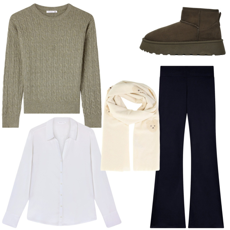 Outfit donna - Serata in casa con gli amici. Stile Minimal per Tutti i giorni. Abbinamento con sciarpe, leggings, maglieria, camicie, stivali.