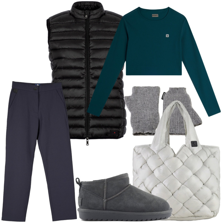 Outfit donna - Sporty chic. Stile Casual per Tutti i giorni. Abbinamento con maglieria, guanti, pantaloni chino, piumini, borse tote, stivali.