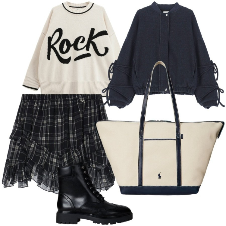 Outfit donna - Anima rock. Stile Rock per Tutti i giorni. Abbinamento con maglieria, bomber, minigonne, borse tote, anfibi.