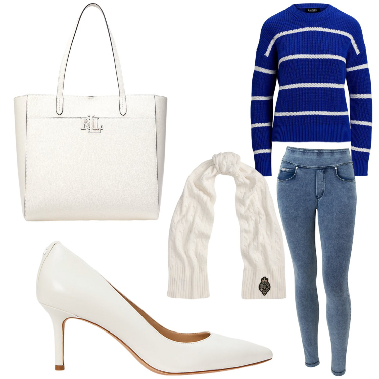 Outfit donna - Blu e bianco. Stile Mannish per Tutti i giorni. Abbinamento con jeans skinny, borse tote, maglieria, décolleté, sciarpe.