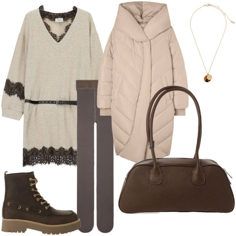 Outfit donna - Total look #2288891. Stile Casual chic per Ufficio. Abbinamento con cappotti, collant, vestiti corti, borse a mano, stivaletti, collane.